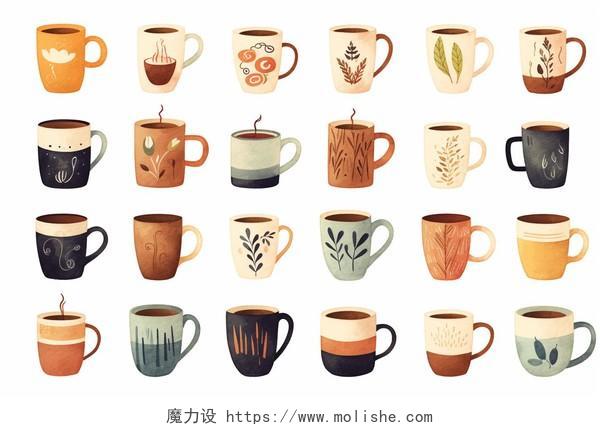 一套可爱的不同杯子加咖啡彩铅手绘AI插画
